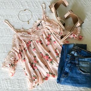 Miss Me Pink Floral Cold Shoulder Top